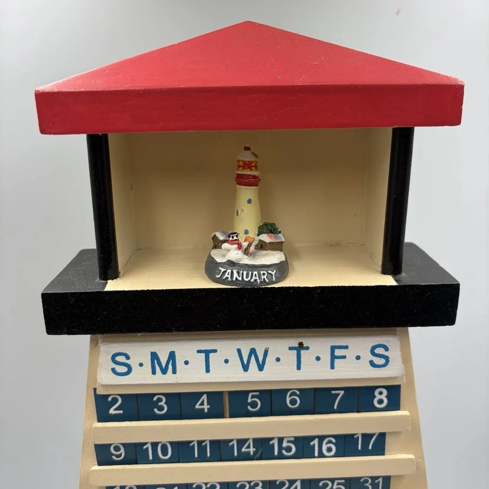 Lighthouse Wooden Perpetual Calendar with Light House Months and Number Dates